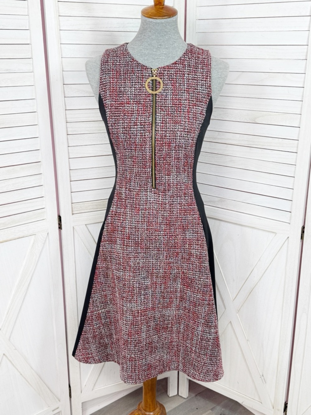 DKNY Tweed Knit Side Panel A Line Front Zip Dress Red Black 8 Sleeveless